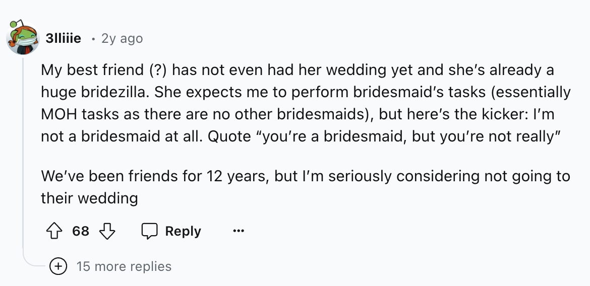number - 3lliiie 2y ago My best friend ? has not even had her wedding yet and she's already a huge bridezilla. She expects me to perform bridesmaid's tasks essentially Moh tasks as there are no other bridesmaids, but here's the kicker I'm not a bridesmaid